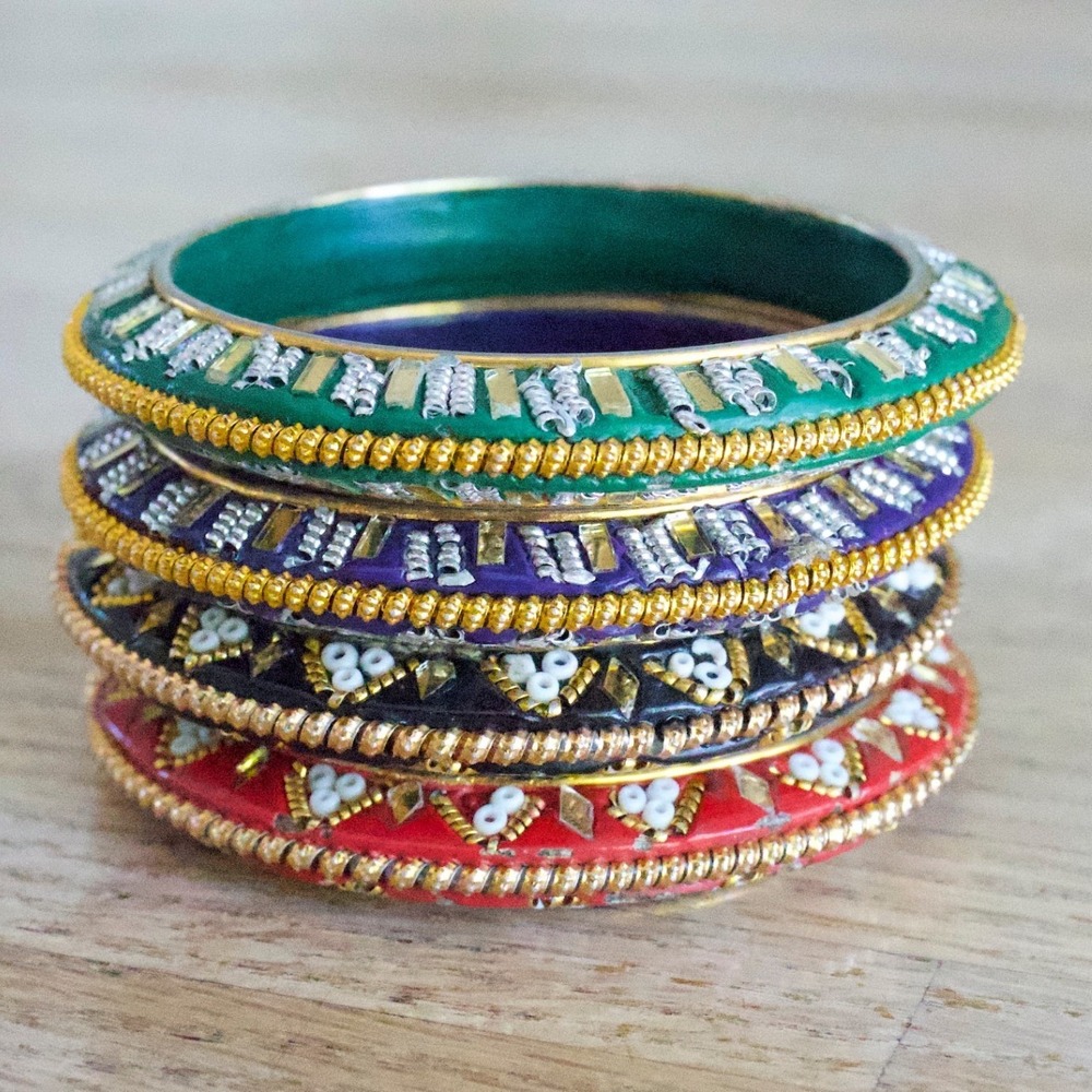 Vintage Indian Lacquer Bangle Set 4pc Multicolor Gold Beaded Churi Bracelets